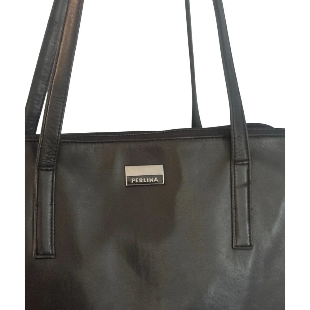 PERLINA Soft Black Leather Multi Compartment Tote Bag Laptop Work Bag Satchel
